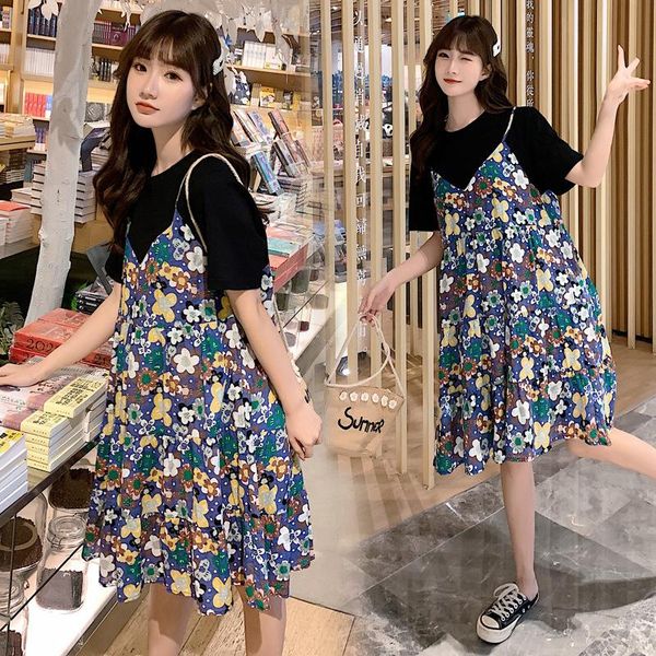 

maternity dresses sundress dress summer chiffon short sleeve o-neck high-end long floral korean large size clothings, White