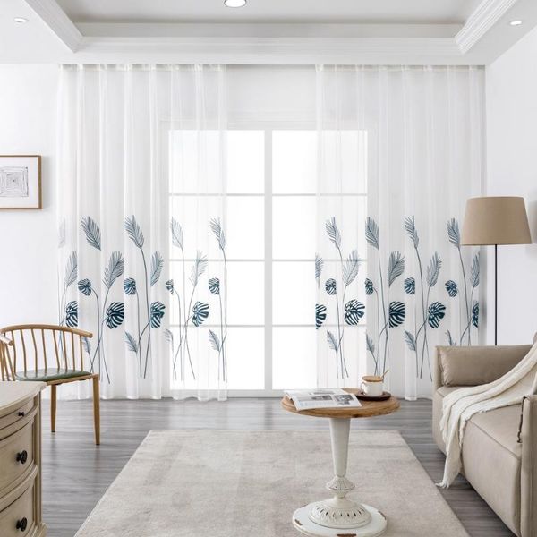 

curtain & drapes blue leaves embroidery tulle curtains for living room broadleaf window white sheer kitchen balcony