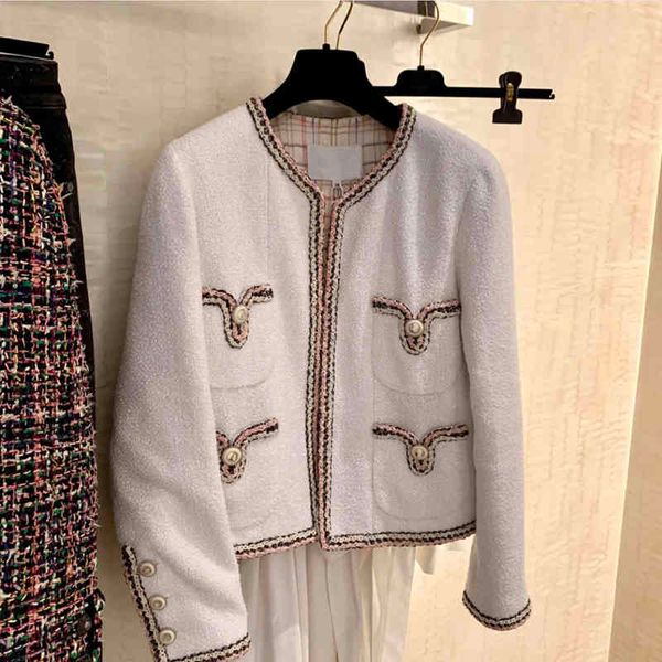 

runway designer white tweed coat suit women chain weave four pockets long sleeve button woolen short jacket outerwear 210416, Black;brown