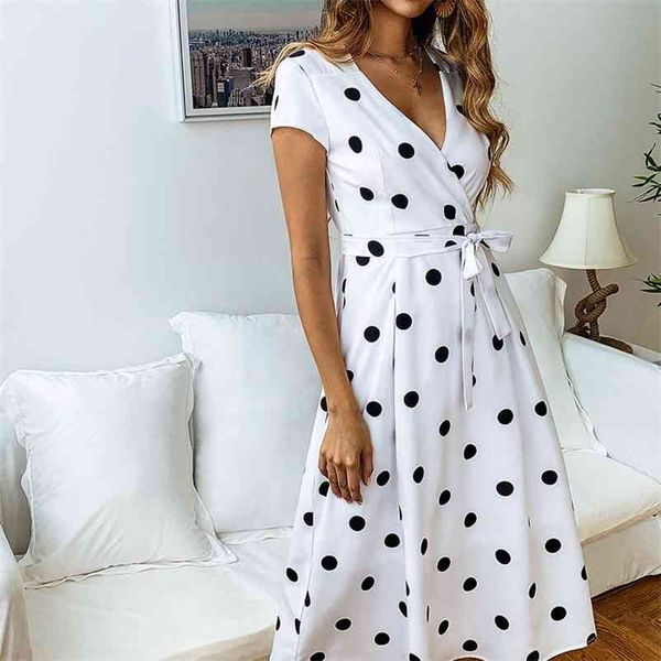 

summer dress women vintage dress casual polka dot print a-line party dresses v-neck short sleeve long dress fashion 210331, Black;gray