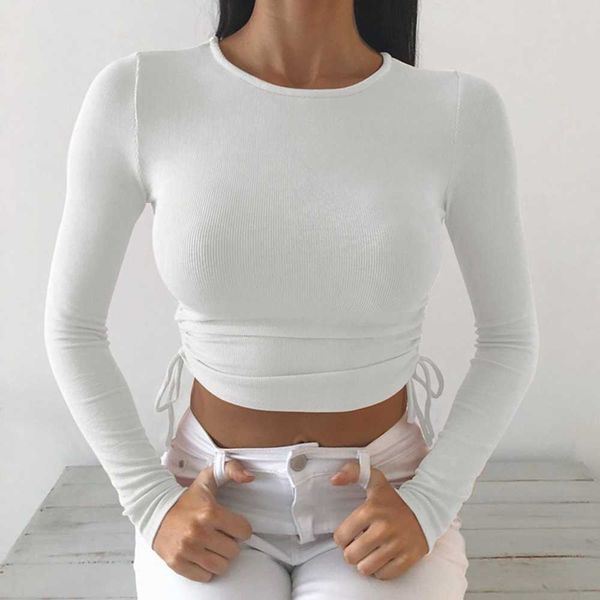 

women crop long sleeve cropped tees casual drawstring ruched t-shirt cropped tshirt female summer clothing 210621, White