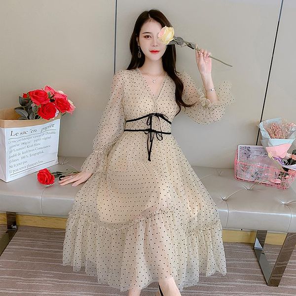 

casual dresses coigarsam women dress autumn 2022 full sleeve polka dot high waist v-neck robe vestidos, Black;gray