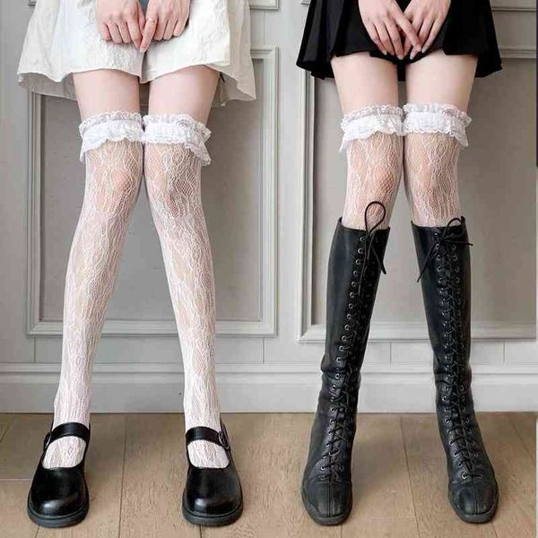 

lace long tube over-the-knee thigh socks female summer white lolita cute stockings mid-tube calf love college style w220312, Red;black