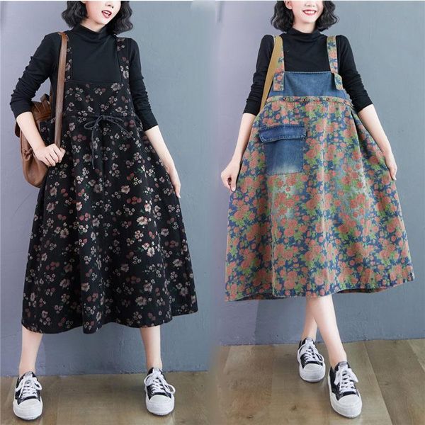 

spring autumn sleeveless clothing 2021 loose casual slim denim suspender dress women's floral patchwork large size vestidos y547 dresse, Black;gray