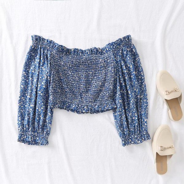 

women's t-shirt vintage women one word collar five-point sleeves strapless fashion high waist blue floral short chic female, White