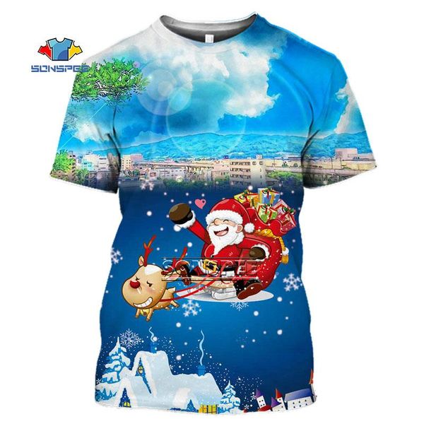 

men's t-shirts sonspee funny santa claus and sky landscape contrast color splicing tshirt fashion otaku oversized itself print pincou t, White;black