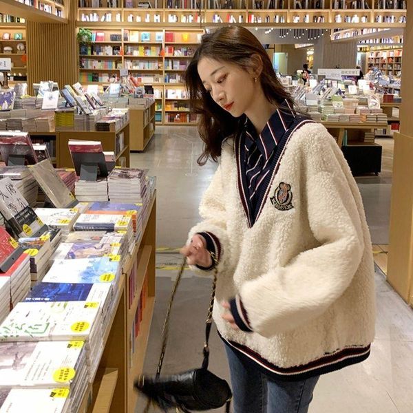 

autumn and winter korean lamb like wool jacket with two loose fitting pullovers women's hoodies & sweatshirts, Black