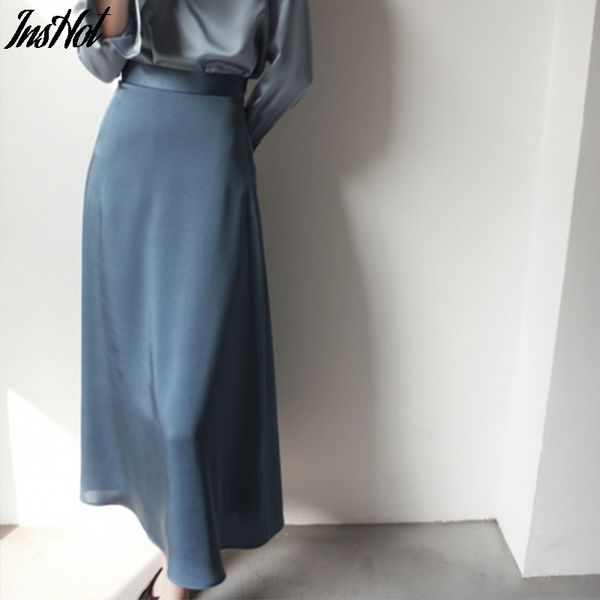 

women's skirt korean style a-line satin blue black high waist ankle length woman skirts mujer faldas femme jupes saias mulher 210514