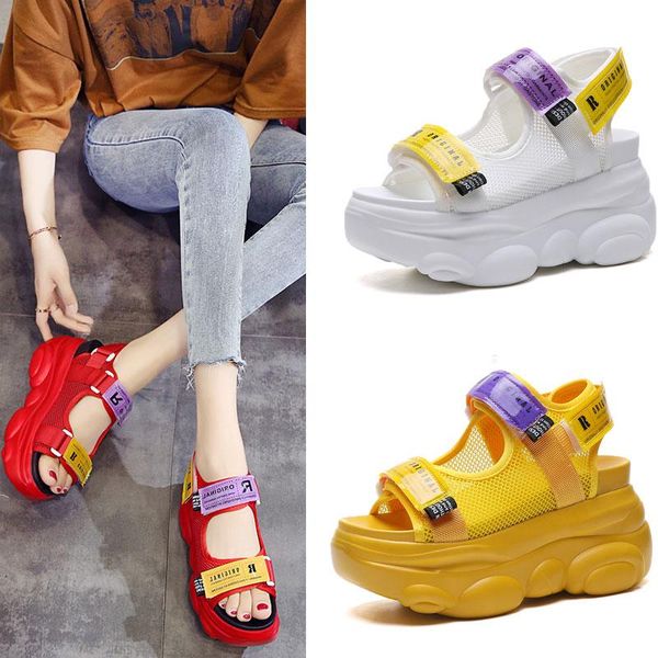 

summer women chunky sandals buckle design candy colors platform wedges comfortable girl thick sole beach casual shoes, Black