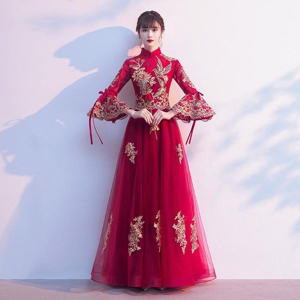 

ethnic clothing vintage mandarin collar chinese bride wedding sequins embroidery elegant evening party dress tulle floor-length banquet gown, Red
