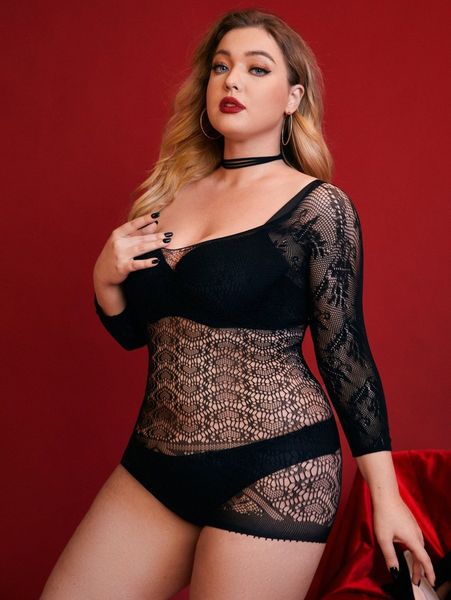 

plus heart pattern lace teddy bodysuit without lingerie t9at#, Black;white