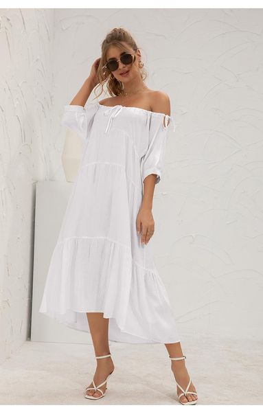 

casual dresses temperament women's clothing summer pure color simple and fashionable off-shoulder one-shoulder long dress, Black;gray