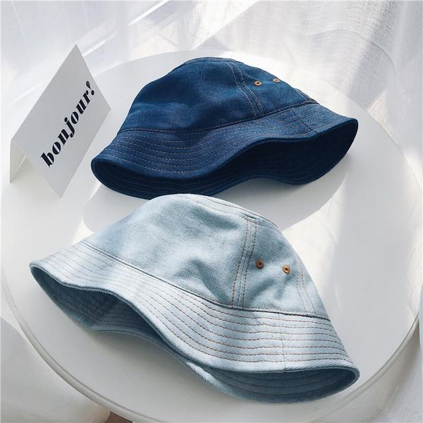 

original design japanese small industrial style water washed cowboy fisherman hat bucket hats wide brim, Blue;gray
