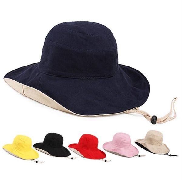 

wide brim hats women's summer double-sided fisherman hat big solid color sun foldable cap, Blue;gray