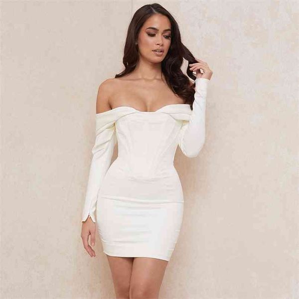 Abito sexy bianco manica lunga aderente avvolgente fasciatura a vita alta Summer Party Club Midi abbigliamento donna 210515