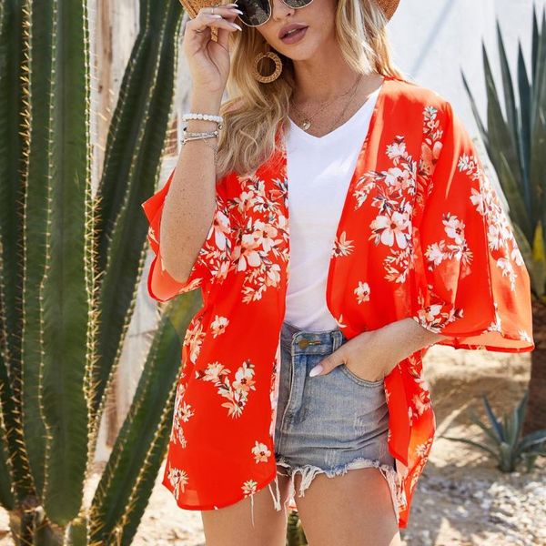 

women's swimwear 2021 summer women chiffon floral kimono beach cardigan sheer cover up long blouse shirts female, White;black
