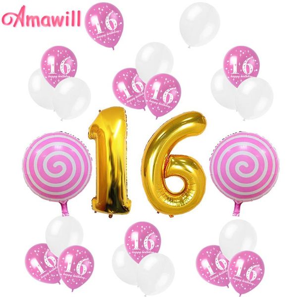 

party decoration amawill sweet girl 16th birthday kit 32inch number 16 foil ballon lollipop balloons gold pink latex globos 75d