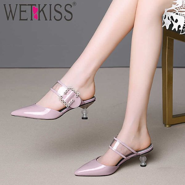 

wetkiss cow leather transparent pvc slippers women slides shoes strange style mules shoes ladies high heels shoes 210630, Black