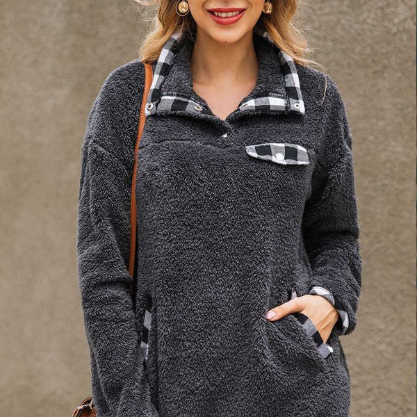 

winter outdoor plaid turn down collar sweatshirt hoodie warm coats hoodie sweater plush woolen fur pullover for women streetwear 210930, Black