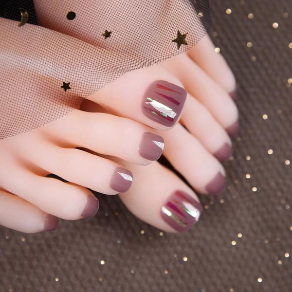 

false nails 24pcs girls summer decor foot fake aurora powder cellophane potherapy translucency purple color toe art, Red;gold