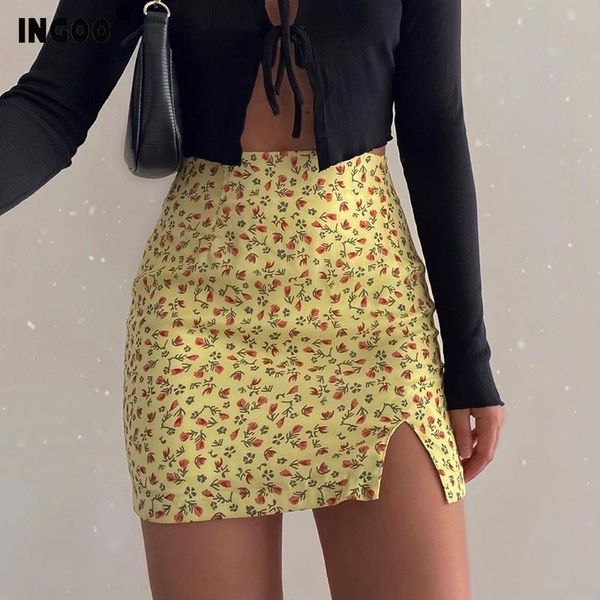 

skirts ingoo print boho summer skirt split women slim bodycon black yellow party zipper elegant mini bottom lady