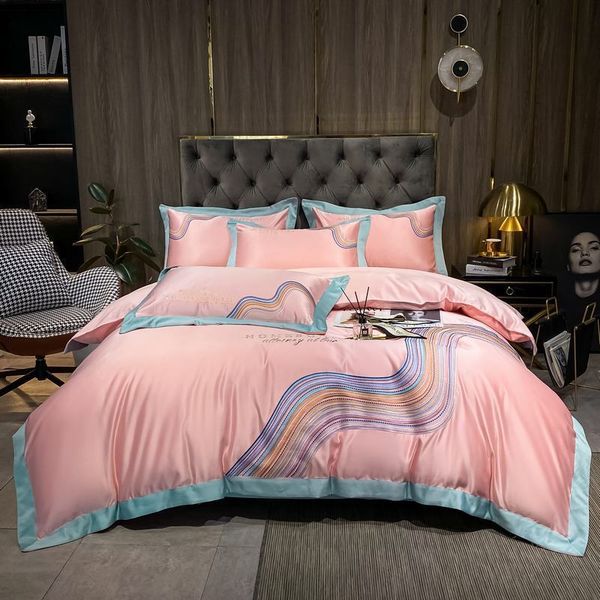 

2021 summer home textile satin washed silk bed sheet four piece european simple embroidered cotton set