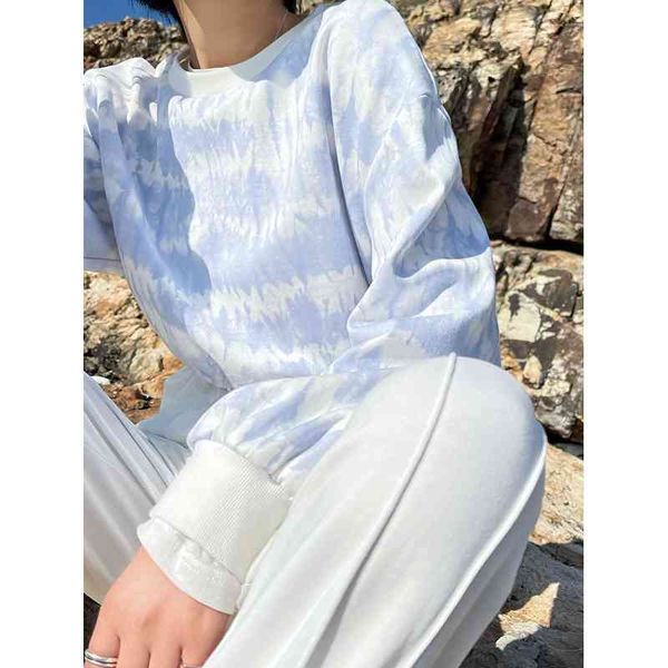 

tie dyed sweater women's early spring 2021 new korean loose ins short lace up long sleeve round neck fashion, Black