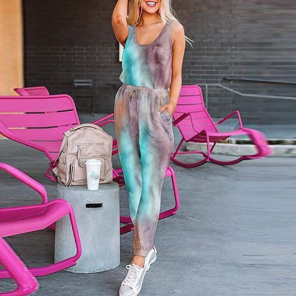 

women's jumpsuits & rompers women sleeveless bodysuit tie-dye long pajamas set one piece jumpsuit loose sleepwear mono mujer largo eleg, Black;white