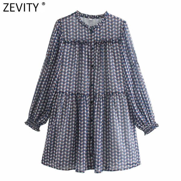 

zevity women sweet tetragonal petals floral print casual kimono mini dress ladies retro lantern sleeve chic pleat vestido ds4764 dresses, Black;gray