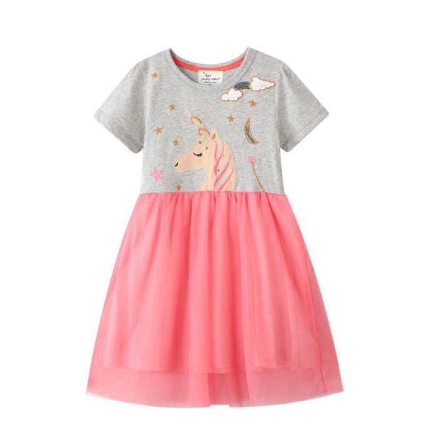 

jumping meters unicorn dress for girls children embroidery vestidos kids tutu es toddlers summer cotton princess 210529, Red;yellow