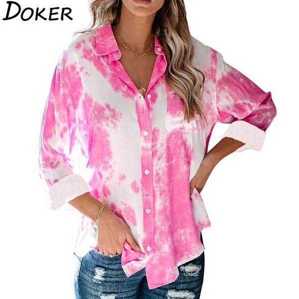 

tie-dye plus size for women blouses turn-down collar long sleeve office vintage ladies shirts casual streetwear blouse 210423, White