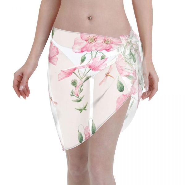 

women's swimwear 2021 women pareo scarf bikini cover-ups wrap kaftan sarong beach skirts pink flowers and leaves swimsuit, White;black