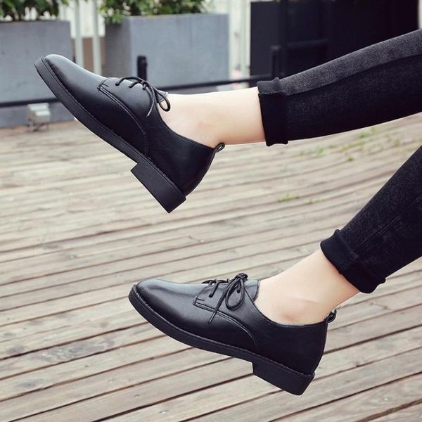 

boots 2021 four seasons black small leather shoes women's flat sole single round head casual heel lace up