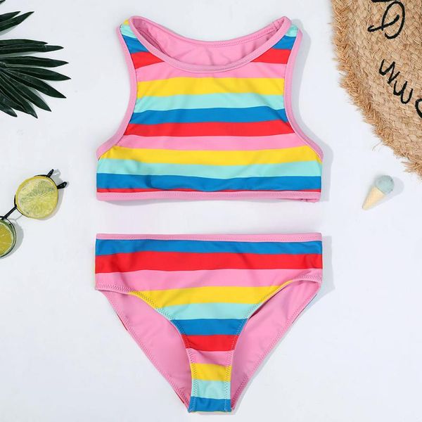 

one-piece suits striped girls swimsuit kids sport racerback two piece children's swimwear 4-14years girl bikini set bathing suit beachw