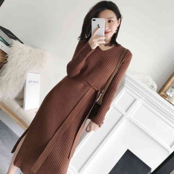 

genayooa solid autumn knitted korea mid calf dress women elegant split v neck long sleeve vestidos female 210417, Black;gray