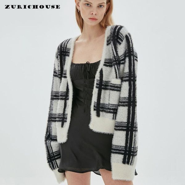 

women's knits & tees zurichouse 2021 mohair cardigan sweater coat women v-neck long sleeve hit color plaid knit outwear chic pocket top, White