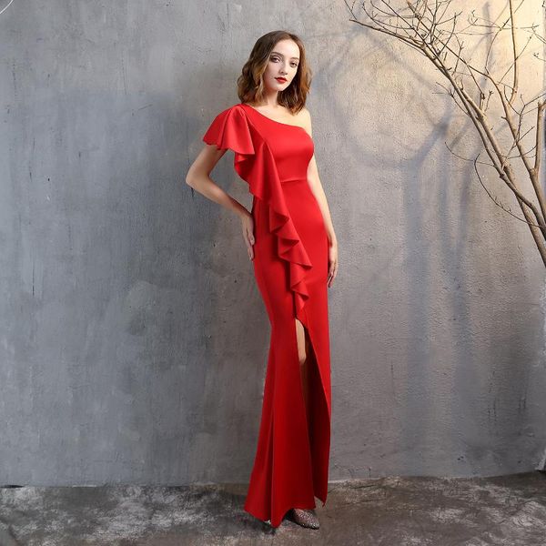 

party dresses red one shoulder padded maxi dress women's evening robe night gowns with ruffles white draped long slit wedding, White;black