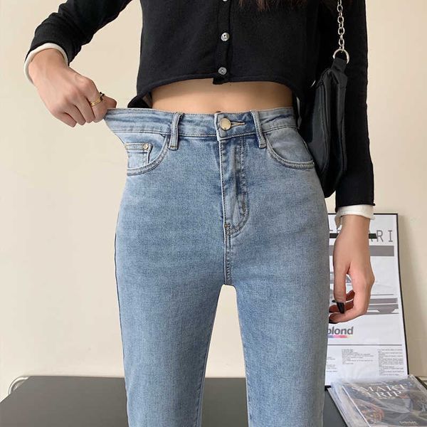 

women's jeans will spring han edition elastic cultivate one's morality show thin skinny jeans since waist bootleg nine points pant, Blue