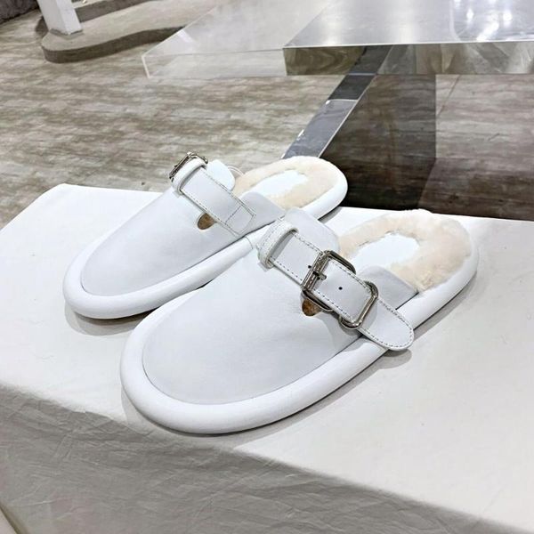 

genuine leather women slippers fashoin buckle decor round toe mules low heels casual slides flip flop zapatos, Black