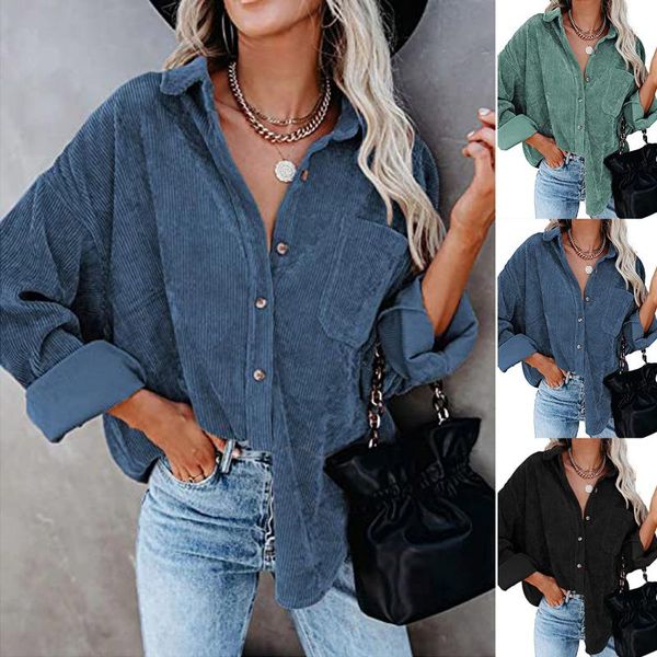 

women's jackets 2021 women fashion corduroy blouse spring autumn solid color lapel single-breasted pocket shirts warm female casual coa, Black;brown