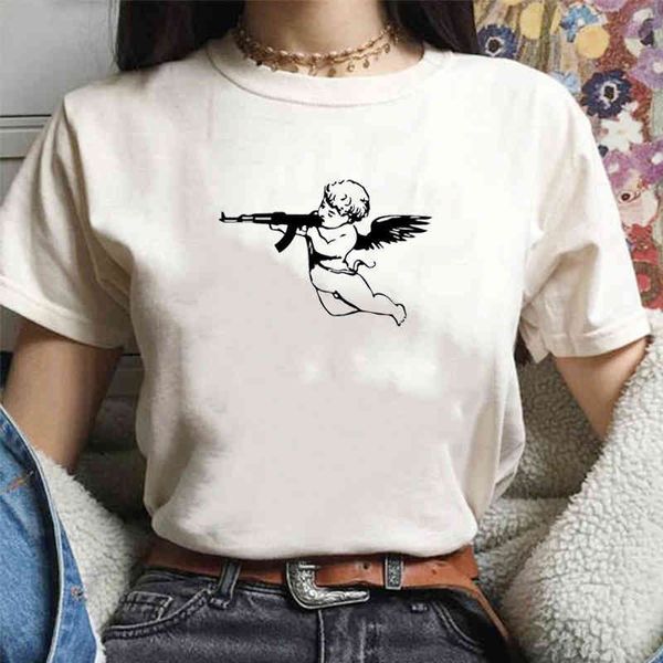 Женщины футболки ангел с пистолетом эстетические битник летняя мода с коротким рукавом хлопок гранж графический тройник Kawaii милая футболка вершины 210518