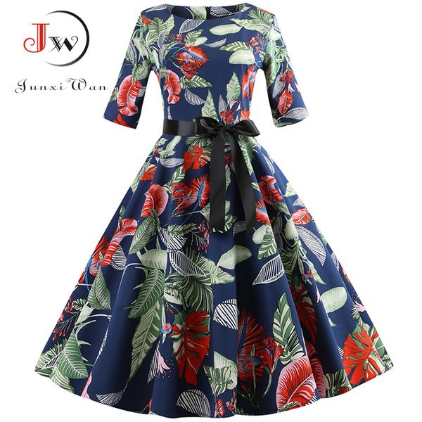 

2021floral print vintage dress women long sleeve elegant party dress autumn winter female casual a-line dress tunic plus size, Black;gray