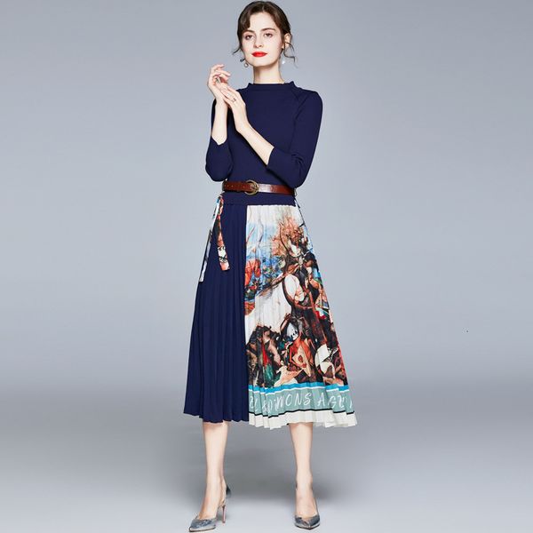 

aw2021 knit stitching contrast pleated skirt dress for women, Black;gray
