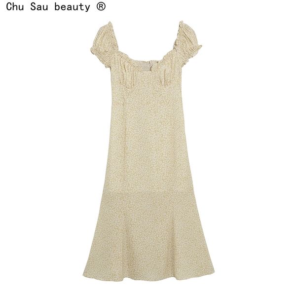 

beauty french vintage holiday style floral slimming dress summer short puff sleeve mid-length skirt chic 210514, Black;gray