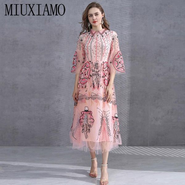 

casual dresses miuximao 2021 fall dress est cute embroidery flower full sleeve elegant lace pink long women vestidos, Black;gray