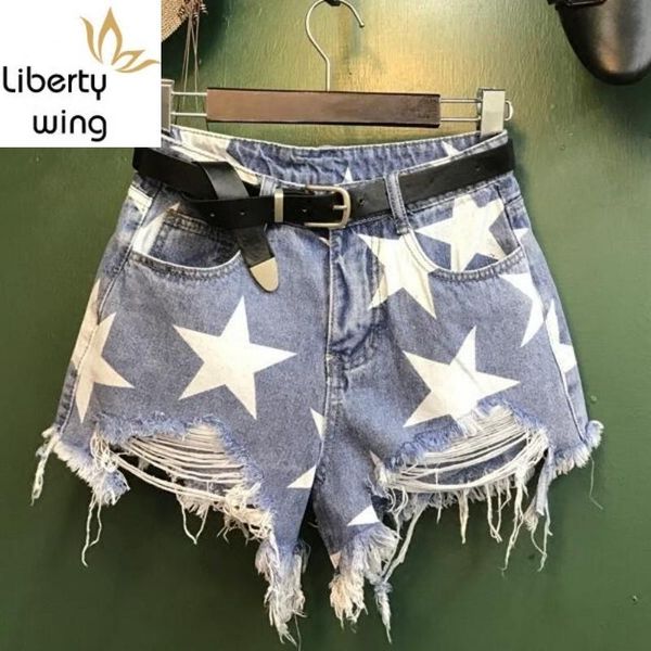 

women's jeans pentagram printing blue denim lady casual ripped hole women wide leg tassel high waist short female harajuku shorts