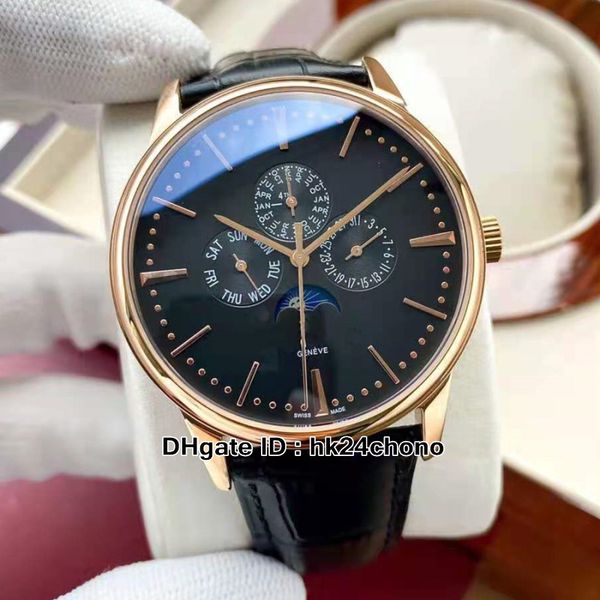 

patrimony 43175/000r-b343 automatic mens watch rose gold case 42mm moon phase date multifunction gents watches black dial leather strap, Slivery;brown