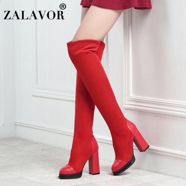 

boots zalavor women over the knee pointed toe platform female autumn winter square heels shoes woman size 34-39, Black