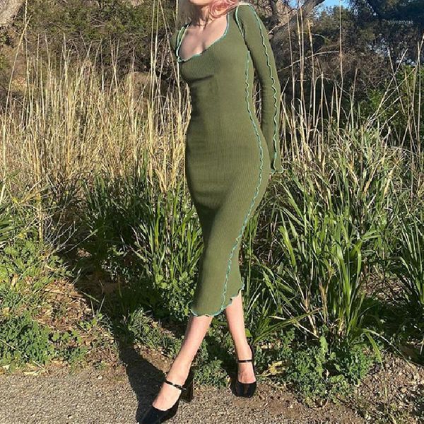 

casual dresses spring fall elegant gentle long dress reverse trim stitching square neck sleeve tight slim female knitted bodycon, Black;gray