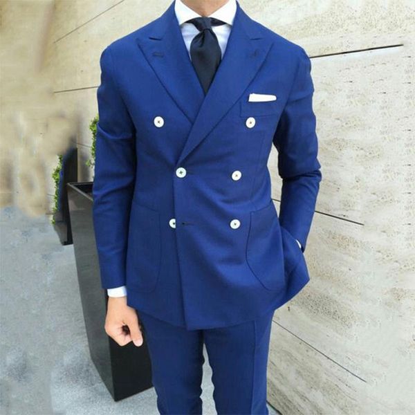 

classic double-breasted royal blue men's suit and groom wedding custom slim fit dress 2 pcs formal dinner party tuxedo suits & blazers, White;black